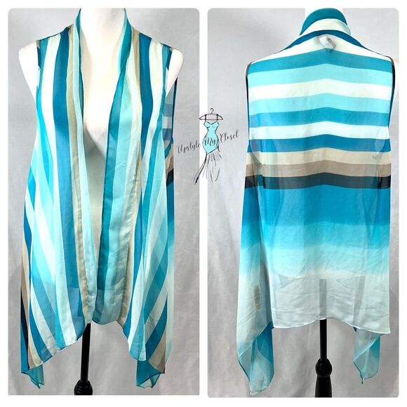 Chicos Easywear Aqua white and mocha striped chiffon kimono top size 2 (large) - Picture 1 of 5